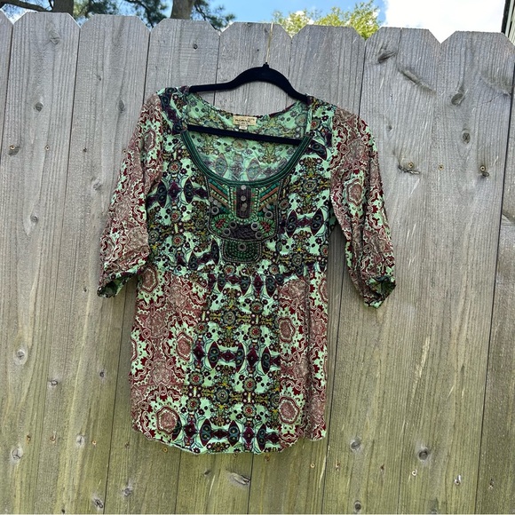 One World‎ Women’s Petite Small Fairy Boho Printed 3/4 Sleeve Peasant Blouse - Picture 6 of 9